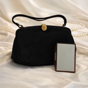1950s COBLENTZ BLACK PERMA SUEDE Handbag Purse with Hand Mirror 50s Saks Mirror